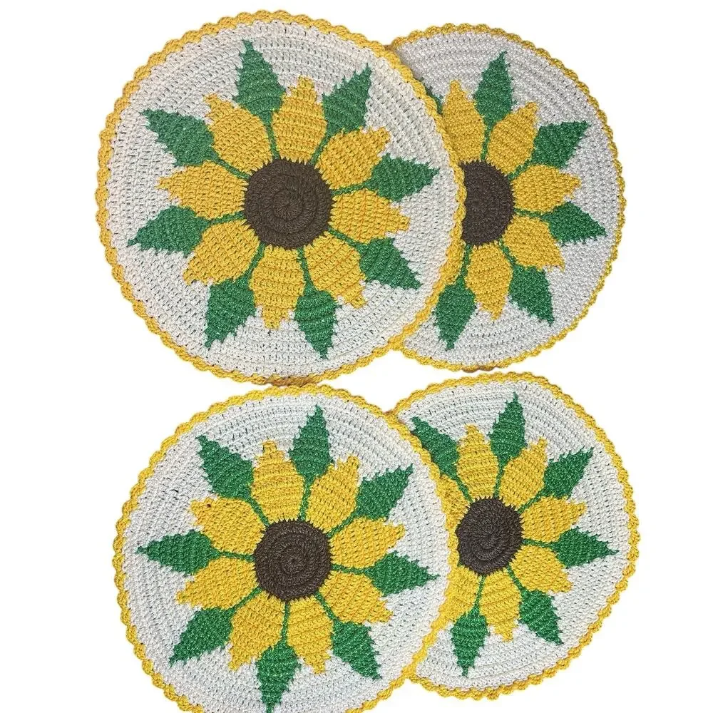 Set of 4 Handmade Crochet Floral Placemats Round Yellow Cream Green 13